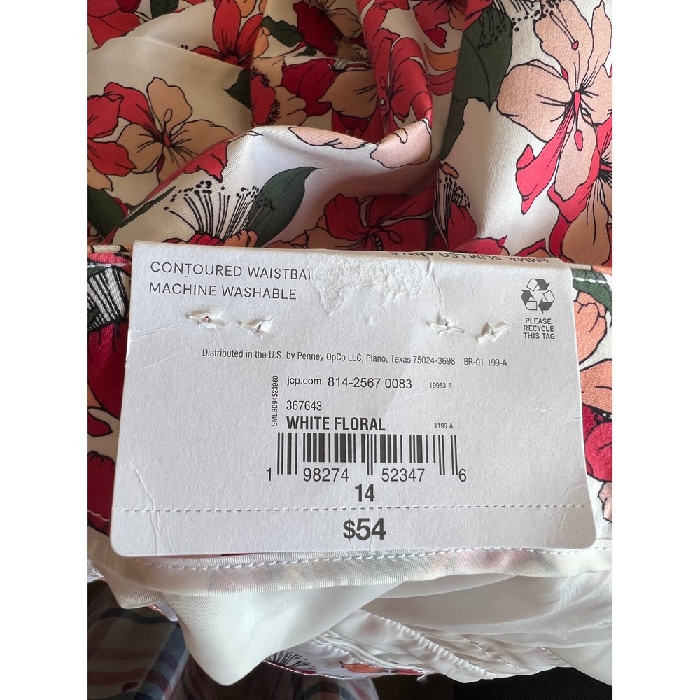 LIZ CLAIBORNE Emma Slim Leg Ankle Pants 14 White Floral Pink Orange Stretch NWT - Picture 5 of 16